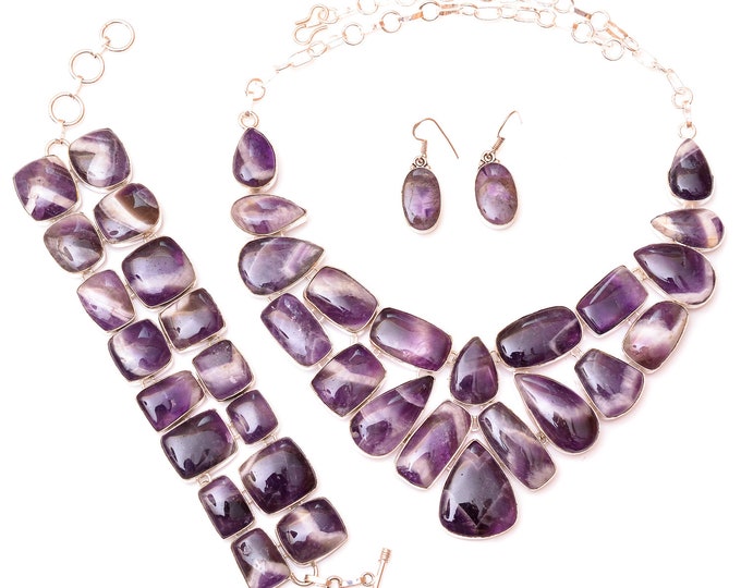 African Chevron Amethyst Fine 925 Sterling Silver Earrings Bracelet Necklace Set SET1226