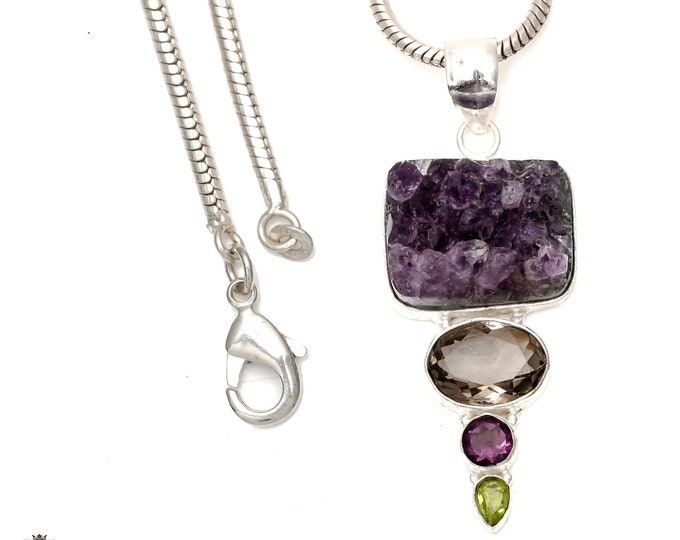 Amethyst Drusy 925 Sterling Silver Pendant & 3MM Italian 925 Sterling Silver Chain P6493