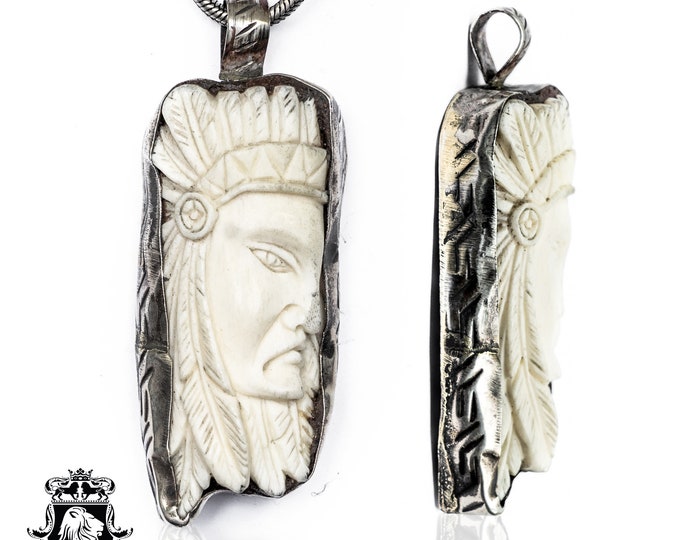 War Bonnet Wearing Native Indian Carving Pendant & FREE 3MM Italian 925 Sterling Silver Chain N91