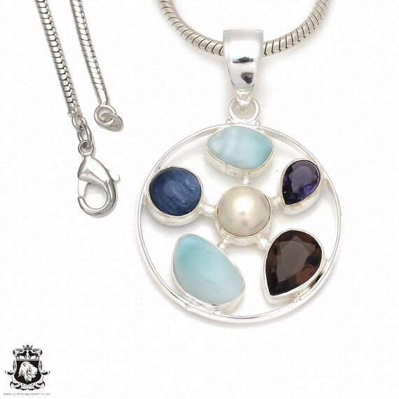 Larimar Pearl Kyanite Smoky Topaz 925 Sterling Silver Pendant  