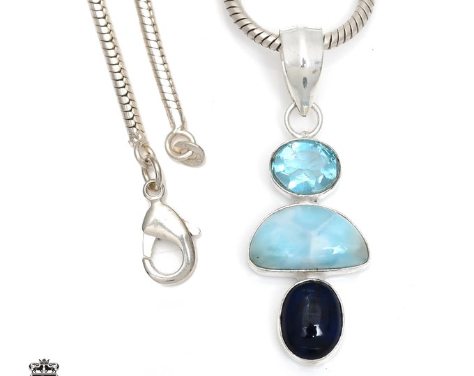 Larimar Blue Topaz Umba Sapphire 925 Sterling Silver Pendant & 3MM Italian 925 Sterling Silver Chain P6397