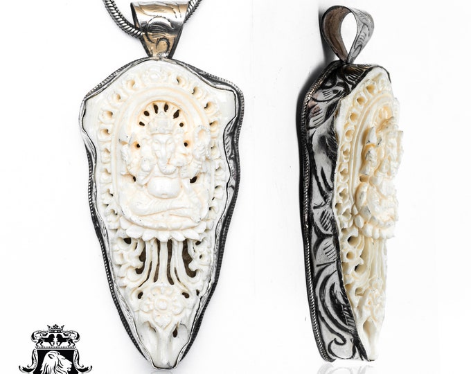 Ascending Ganesha on Throne Carving Pendant & FREE 3MM Italian 925 Sterling Silver Chain N476