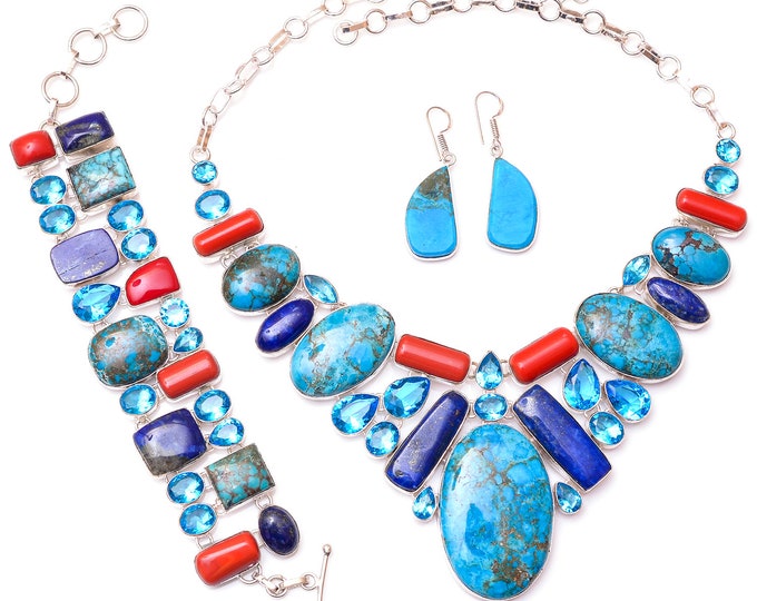 Ithaca Peak Turquoise Lapis Coral Fine 925 Sterling Silver Earrings Bracelet Necklace Set SET1185