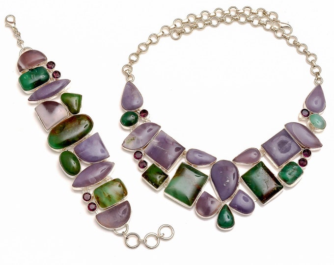 Hand-Crafted! Boulder Chrysoprase Morado Opal Fine Sterling Silver Necklace Bracelet Earrings SET1041