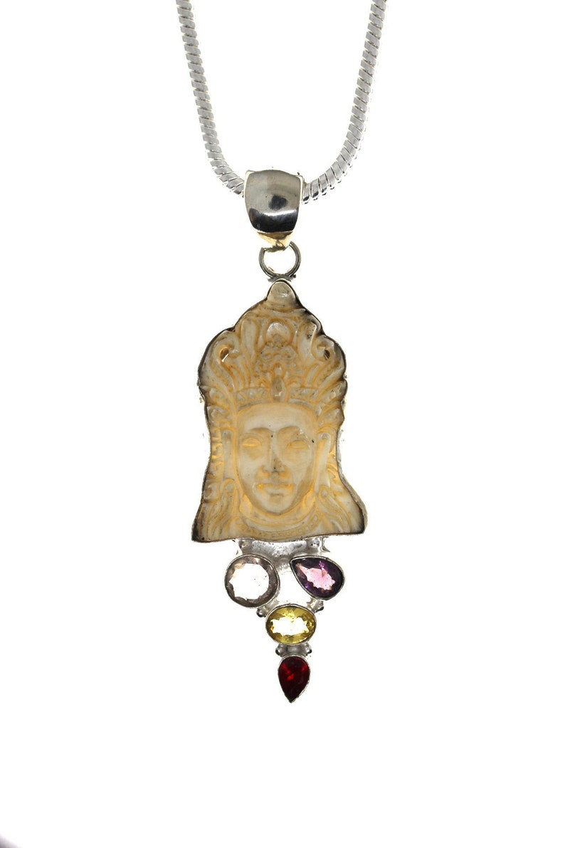 KRISHNA Amethyst PRASIOLITE Citrine Garnet TOTEM Goddess Face Bone Deer Antler Carving 925 Sterling Silver Pendant 4MM Italian Chain C119