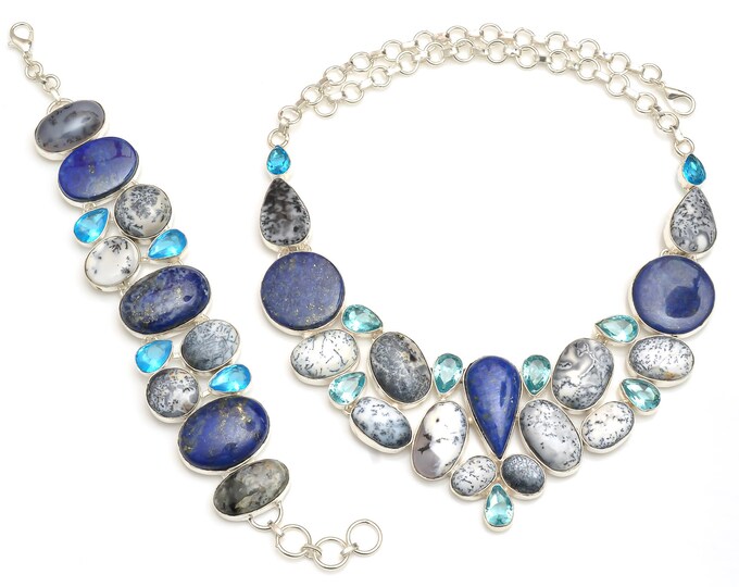 The Real Good Stuff! Lapis Lazuli Dendritic Opal Blue Topaz Necklace Bracelet SET1003