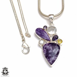3.2 Inch Topaz Charoite 925 Sterling Silver Pendant & 2MM Italian 925 Sterling Silver Chain P8738