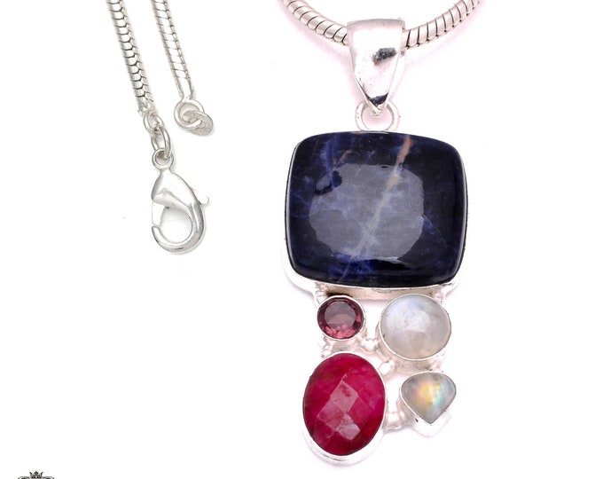 Classic Colors! 3 Inch Sodalite Moonstone Garnet Ruby 925 Sterling Silver Pendant & 3MM Italian 925 Sterling Silver Chain P8080