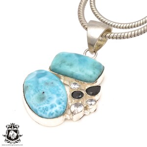 Pingente de pérola topázio azul Larimar com topázio transparente em prata esterlina 925 e corrente italiana de prata esterlina 925 de 2 mm P7258