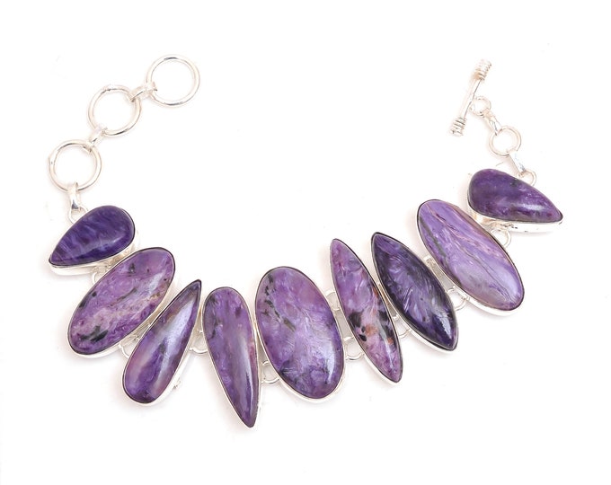 WOW Factor! Charoite Genuine Gemstone 925 Sterling Silver Bracelet B4582