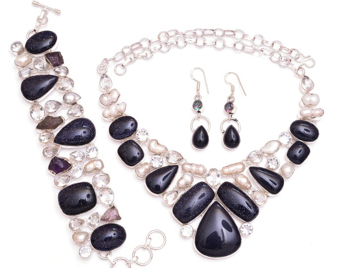 Classy Concept! Blue Gold Stone Mystic Topaz Pearl Amethyst Fine 925 Sterling Silver Bracelet Necklace Dangle & Drop Earrings SET1107