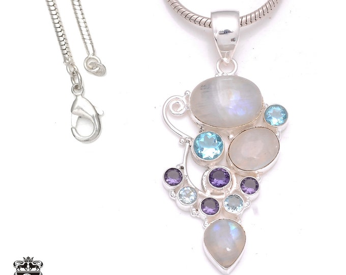 Moonstone Blue Topaz 925 Sterling Silver Pendant & 3MM Italian 925 Sterling Silver Chain P8026