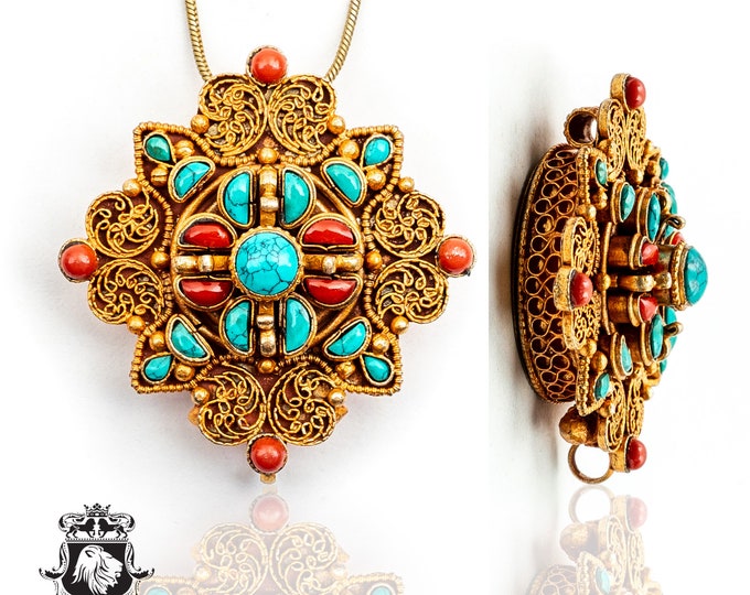 Extreme Details Turquoise Coral Tibetan Star Ghau Amulet Prayer Box Pendant Np15
