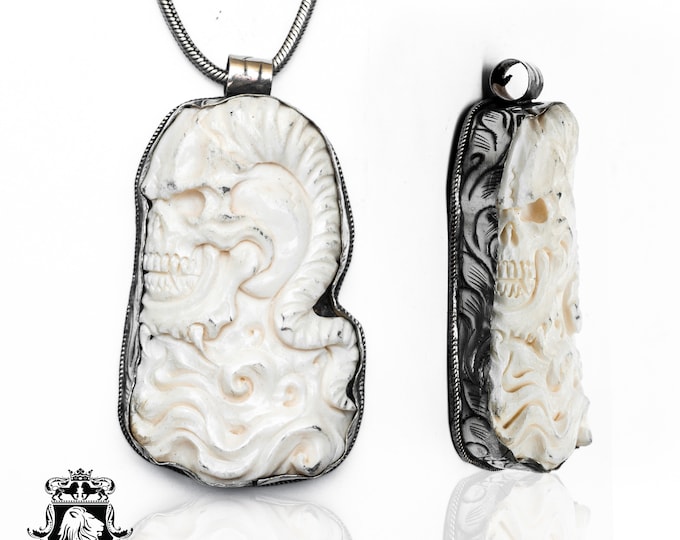 Wave Riding Horned Skull Carving Pendant & FREE 3MM Italian 925 Sterling Silver Chain N327