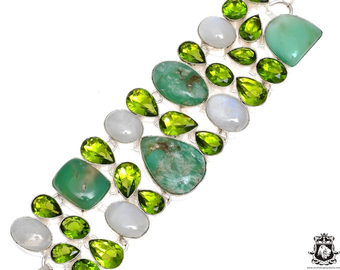 Chrysoprase Peridot Moonstone 925 Sterling Silver Bracelet B3600