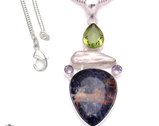 Sodalite 925 Sterling Silver Pendant & 3MM Italian 925 Sterling Silver Chain Necklace P8047