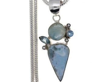 Larimar Blue Topaz Pearl 925 Sterling Silver Pendant & 3MM Italian 925 Sterling Silver Chain    P4795