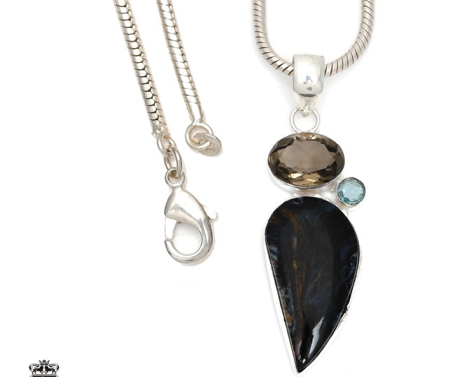 Pietersite Smokey Topaz Blue Topaz 925 Sterling Silver Pendant & 3MM Italian 925 Sterling Silver Chain P6393