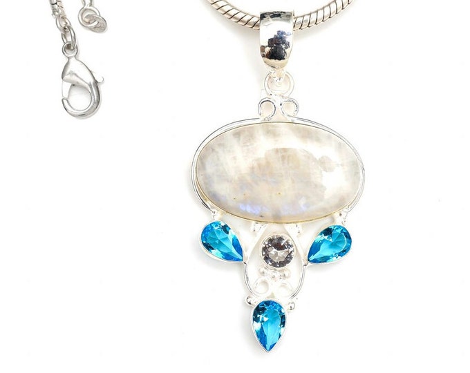 Rainbow Moonstone Blue Topaz 925 Sterling Silver Pendant & 3MM Italian 925 Sterling Silver Chain P9395