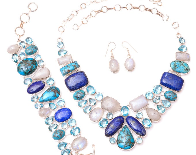 Candelaria Turquoise Lapis Fine 925 Sterling Silver Earrings Bracelet Necklace Set SET1211