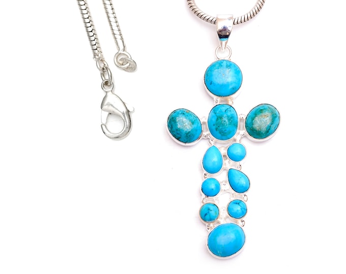 Turquoise Cross 925 Sterling Silver Pendant & 3MM Italian 925 Sterling Silver Chain P9505