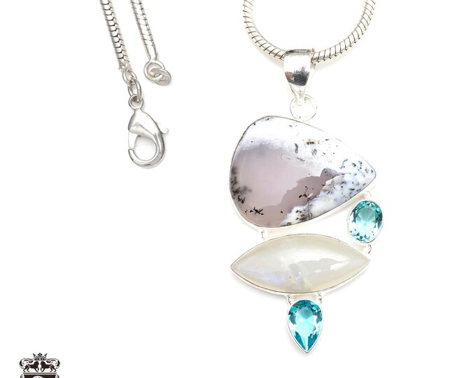 Dendritic Opal Moonstone 925 Sterling Silver Pendant & 3MM Italian 925 Sterling Silver Chain P9331