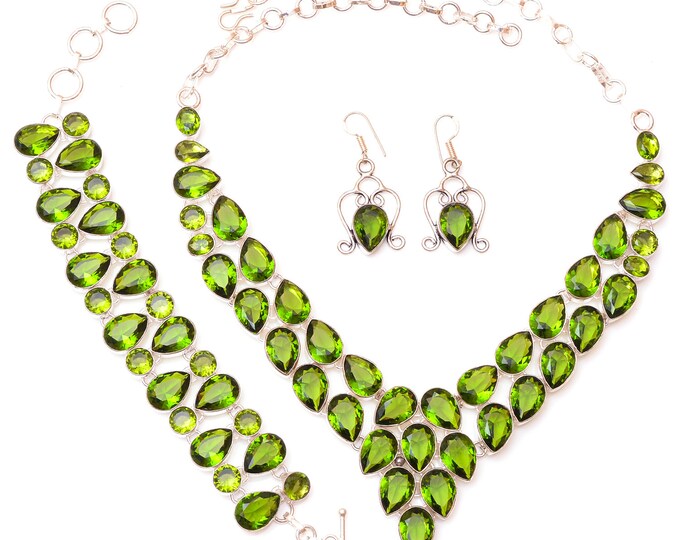 621± Carats Combined Olivine Peridot Fine 925 Sterling Silver Earrings Bracelet Necklace Set SET1214