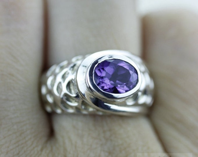 Size 5.5 HAMMERED FINISH AMETHYST Fine 925 Sterling Silver Ring (Nickel Free) r524