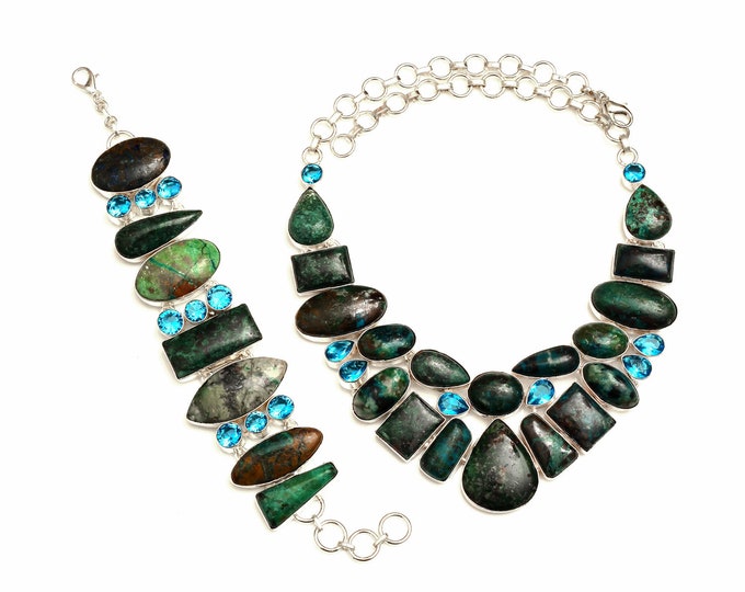 Stylish Glamour! Azurite Malachite Shattuckite Fine Sterling Silver Necklace Bracelet Earrings SET953