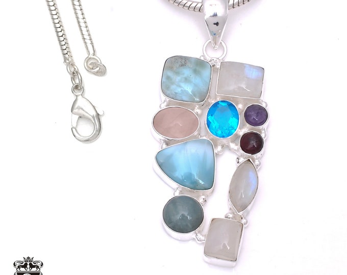 Rose Quartz Larimar 925 Sterling Silver Pendant & 3MM Italian 925 Sterling Silver Chain P7854