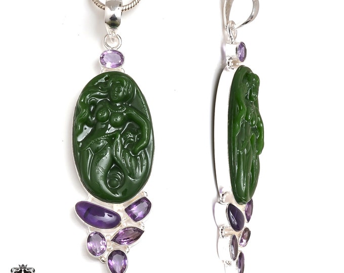 Meditation Zen 5 Inch Genuine Jade Mermaid Amethyst Carving Pendant FREE 3MM Italian Snake Chain P9107