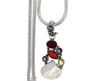 Moonstone Garnet Mystic Topaz Peridot 925 Sterling Silver Pendant & 3MM Italian 925 Sterling Sterling Silver Chain    P4791