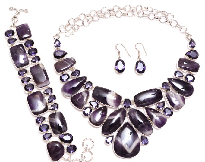 The Real Good Stuff! Chevron Amethyst Fine 925 Sterling Silver Bracelet Necklace Dangle & Drop Earrings SET1097