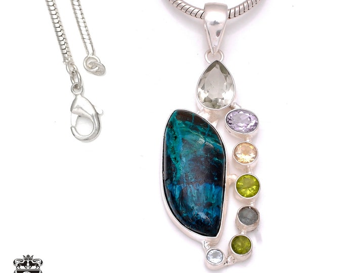 Chrysocolla 925 Sterling Silver Pendant & 3MM Italian 925 Sterling Silver Chain P8015