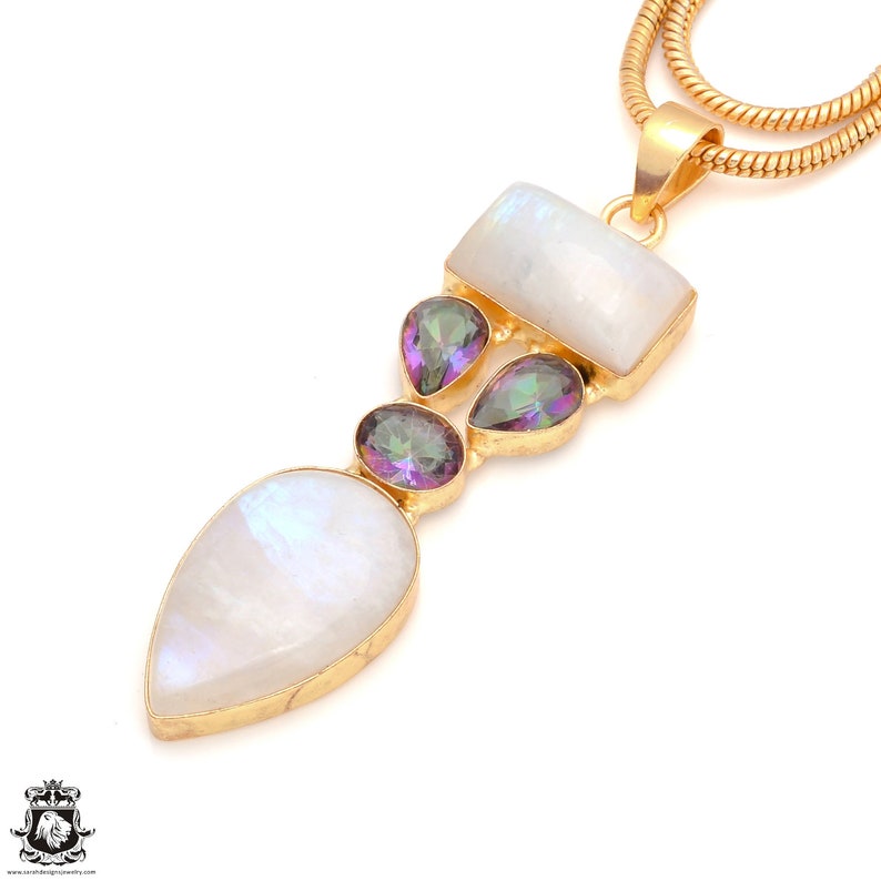 Moonstone Mystic Topaz 24K Gold Plated Pendant 3MM Italian Snake Chain GP147