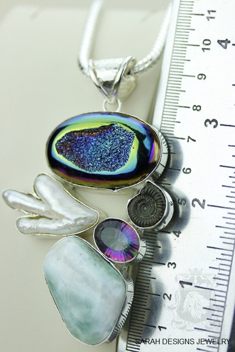 Biwa Mabe Pearl WINDOW Druzy LARIMAR AMMONITE 925 S0LID Sterling Silver Pendant 4mm Snake Chain /& Free Worldwide Express Shipping mp45
