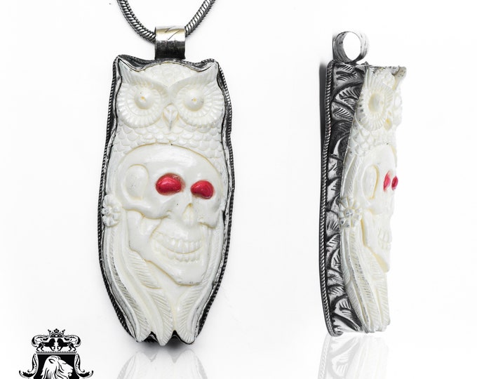 Owl Masked Jester Skull Carving Pendant & FREE 3MM Italian 925 Sterling Silver Chain N507