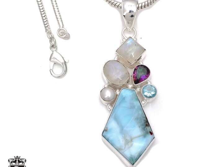 3 Inch Larimar Moonstone 925 Sterling Silver Pendant & 3MM Italian 925 Sterling Silver Chain Necklace P7840