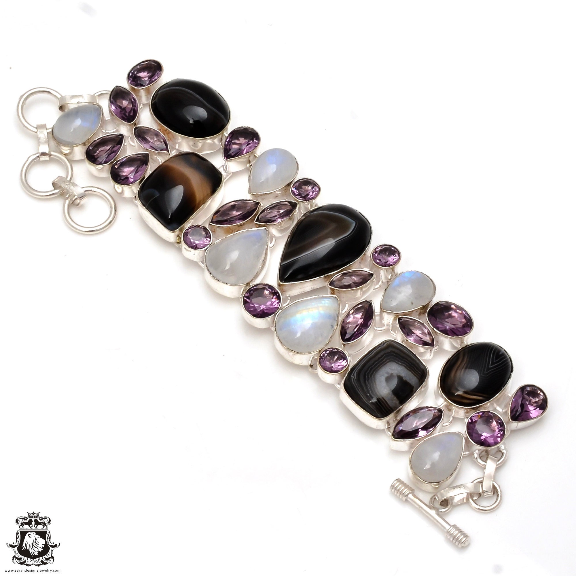 Banded Agate Moonstone Amethyst 925 Sterling Silver Bracelet B3776