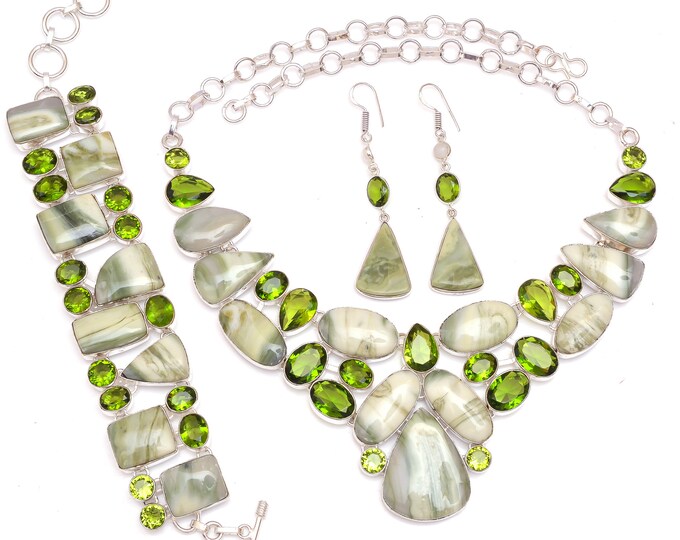 Rare Find! Washington Serpentine Peridot Fine 925 Sterling Silver Necklace Bracelet Earrings SET1154