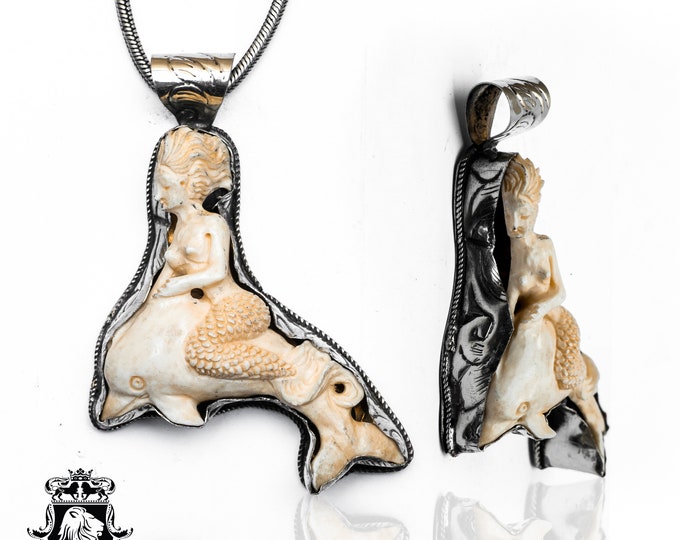 Dolphin Riding Mermaid Carving Pendant & FREE 3MM Italian 925 Sterling Silver Chain N367