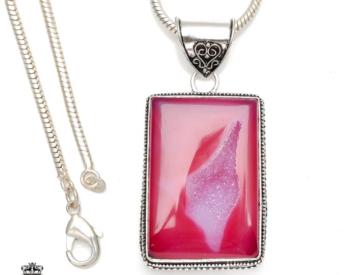 Pink Agate Geode Druzy Pendant & FREE 3MM Italian 925 Sterling Silver Chain V146