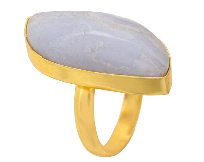 Size 9.5 - Size 11 Blue Lace Agate Ring Meditation Ring 24K Gold Ring GPR1699