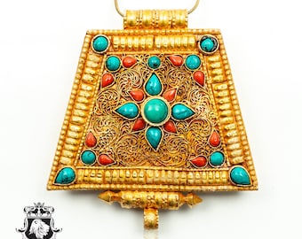 Legendary! 5 Inch Gold Brushed Turquoise Coral Prayer Box Pendant Np31