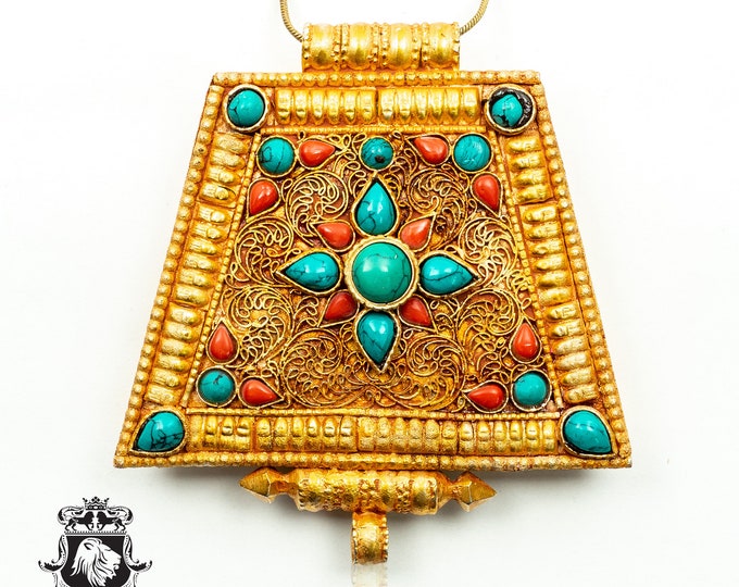 Legendary! 5 Inch Gold Brushed Turquoise Coral Prayer Box Pendant Np31