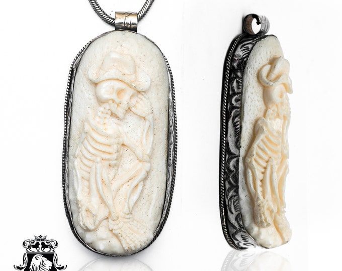 Cowboy Skeleton Carving Pendant & FREE 3MM Italian 925 Sterling Silver Chain N329
