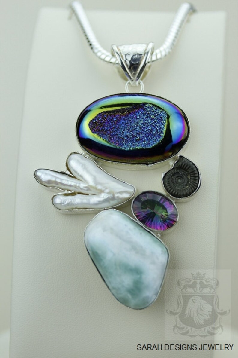 Biwa Mabe Pearl WINDOW Druzy LARIMAR AMMONITE 925 S0LID Sterling Silver Pendant 4mm Snake Chain /& Free Worldwide Express Shipping mp45