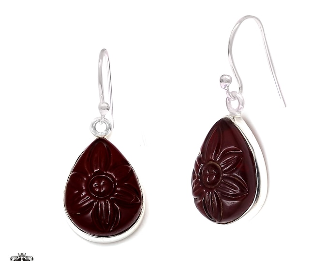 Carved Cinnabar 925 Sterling Silver Hook Dangle Earrings E419