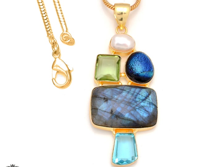 Labradorite Larimar 24K Gold Pendant & 3mm Snake Chain GP159