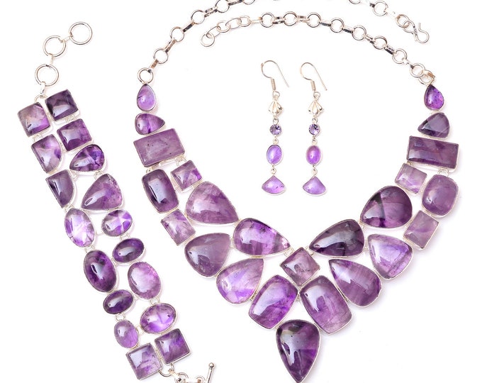 Super 7 Trapiche Amethyst Auralite Fine 925 Sterling Silver Earrings Bracelet Necklace Set SET1170